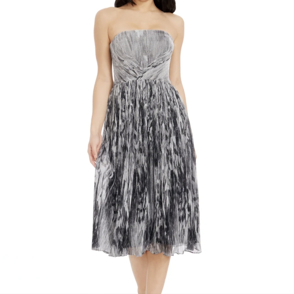 NWT Dress the Population Silver Strapless Midi Dress Size Small
